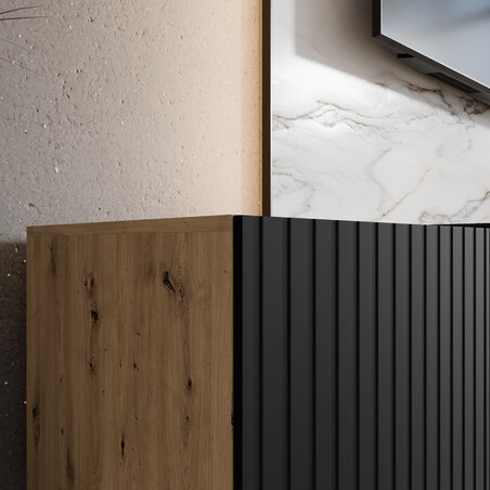 Szafka RTV NOELI 300 cm zamknięta do salonu, ryflowana- artisan+czarny