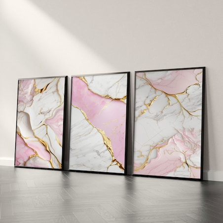 ZESTAW 3X PLAKAT W RAMIE DO SALONU ELEGANCKI RÓŻOWY MARMUR GLAMOUR 600x80cm