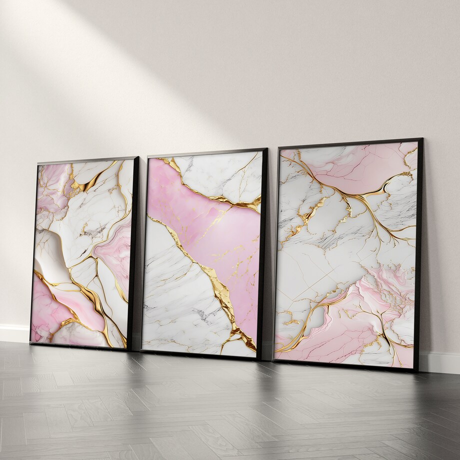 ZESTAW 3X PLAKAT W RAMIE DO SALONU ELEGANCKI RÓŻOWY MARMUR GLAMOUR 600x80cm
