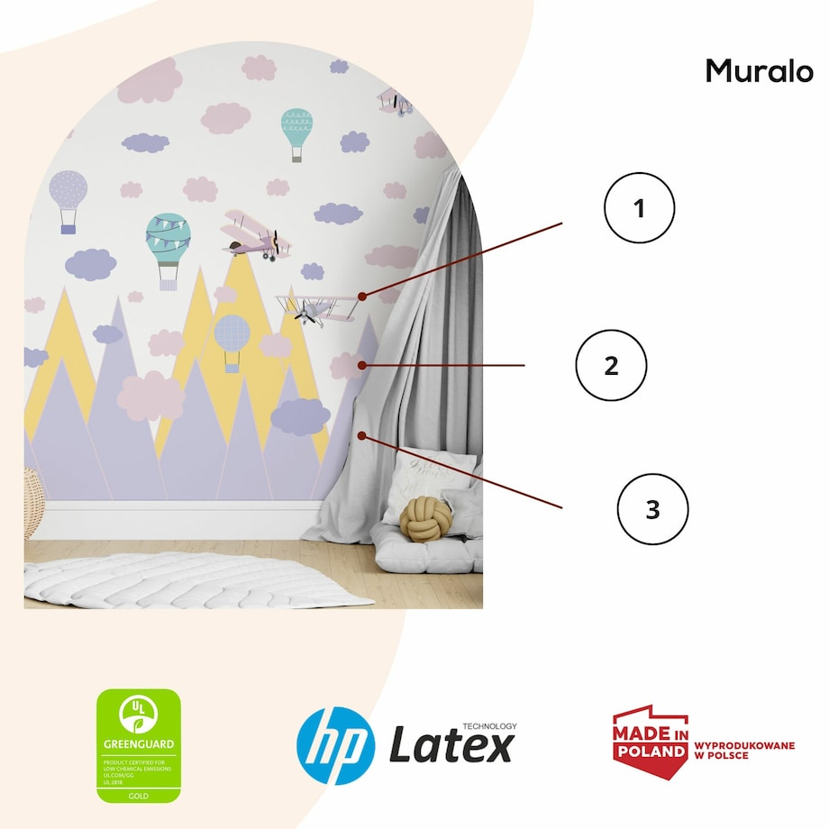 ZESTAW NAKLEJEK DLA DZIECI NA ŚCIANĘ FIOLETOWE GÓRY SAMOLOTY RETRO