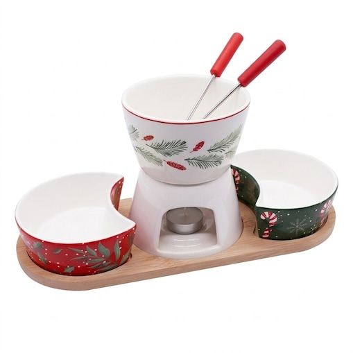 Zestaw do fondue porcelanowy z tacą bambusową, taca 21 x 12 cm