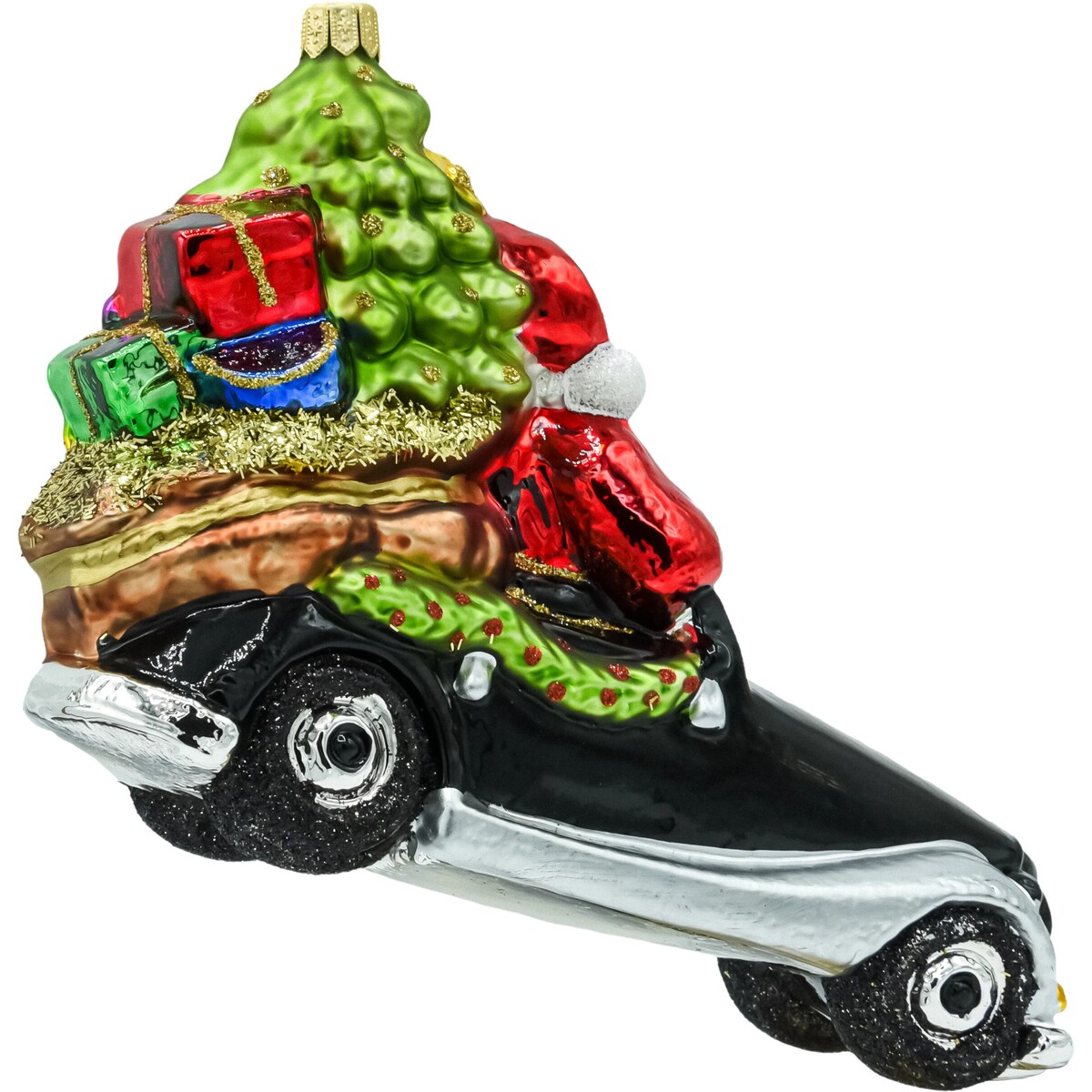Bombka choinkowa szklana: Mikołaj w aucie retro z prezentami