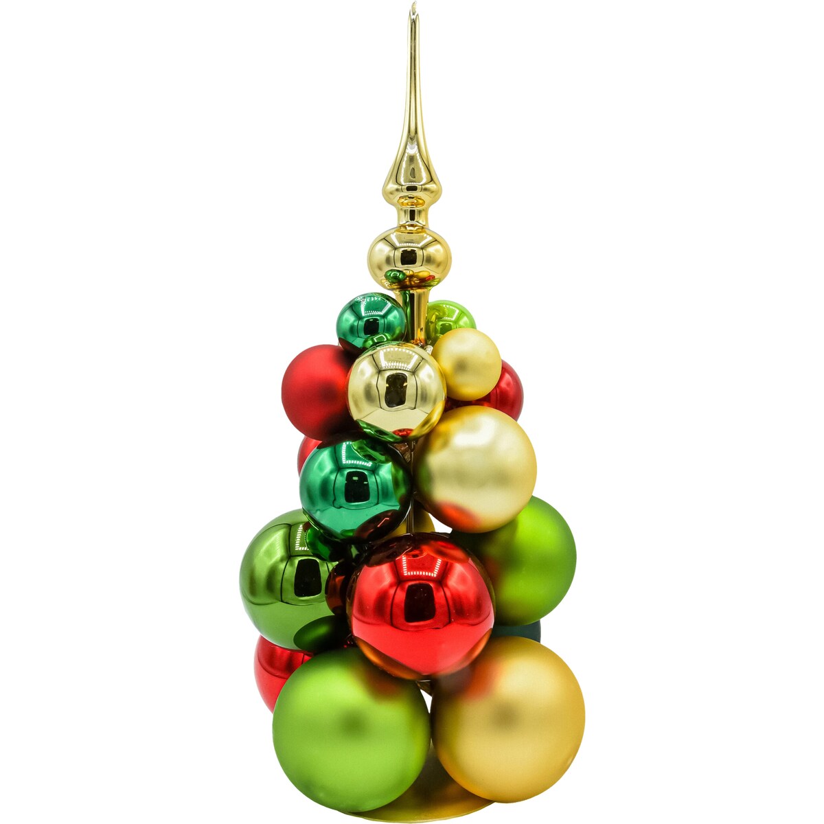 Szklana choinka z bombek czerwonych, zielonych i złotych