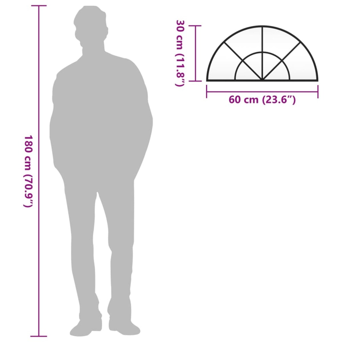 vidaXL Lustro ścienne, czarne, 60x30 cm, zakończone łukiem, żelazo