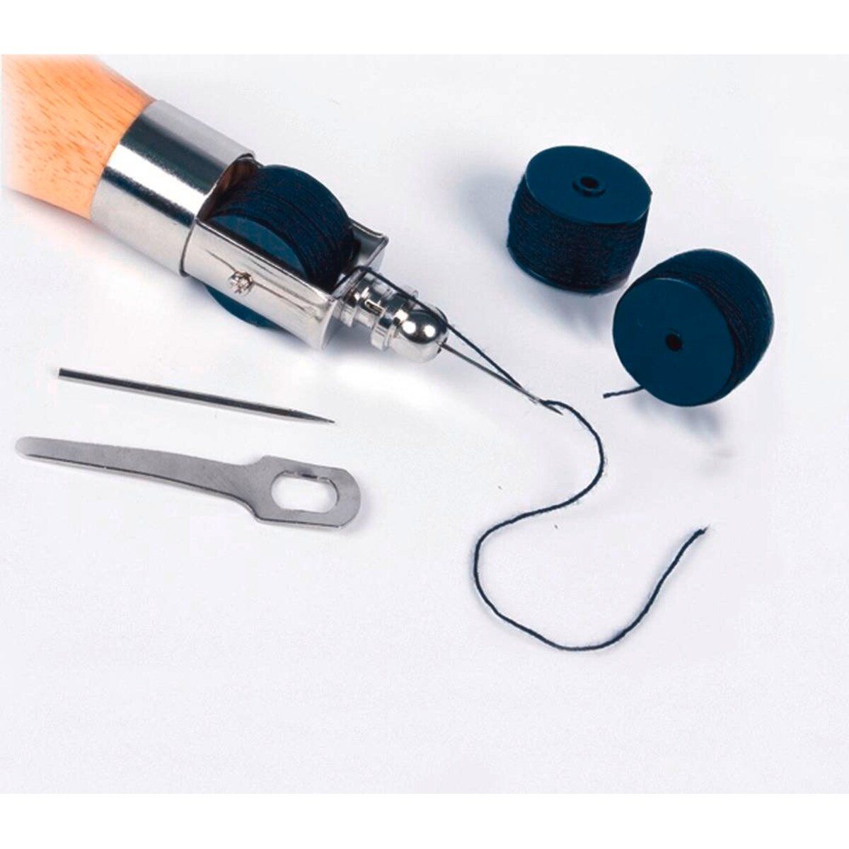 Szydło do szycia ręcznego z drewnianą rączką, 2 zapasowe szpulki