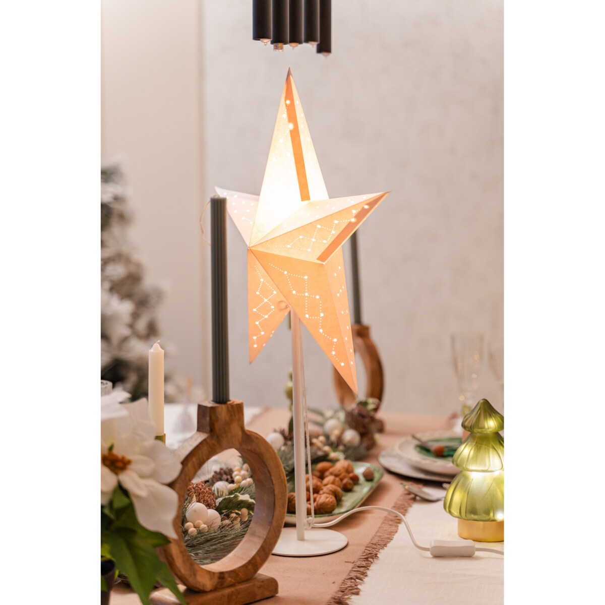 Dekoracyjna gwiazda świecąca z papieru, metalowy stojak, ø 36 cm, LED, kolor biały