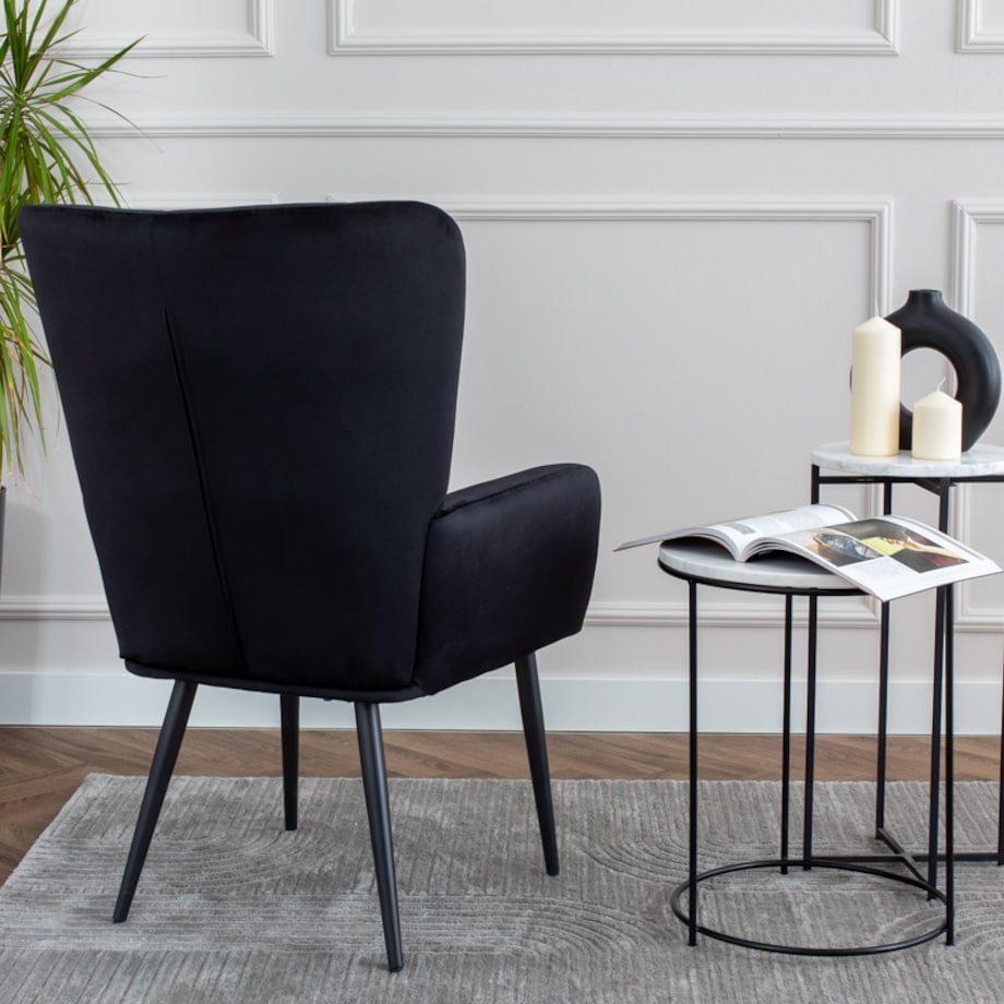 Fotel uszak do salonu wypoczynkowy welurowy tapicerowany czarny