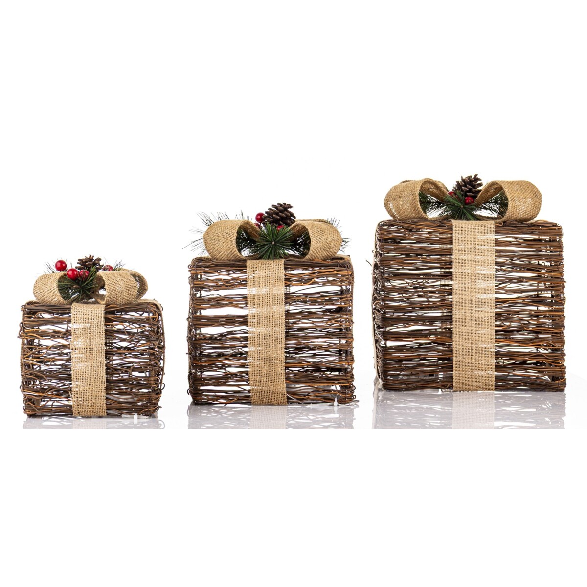 Dekoracja pudełka 3 szt. świecące LED 30x26x26 i 25x21x21 i 18x17x17 cm GEMARA brązowy i czarny