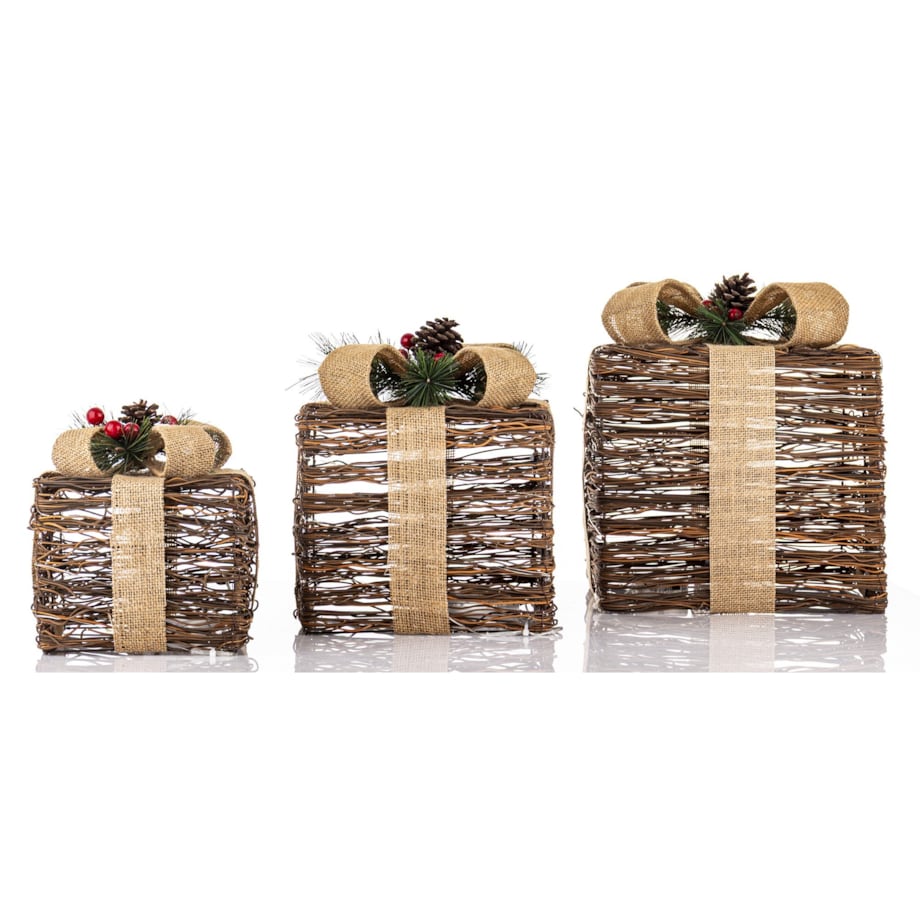 Dekoracja pudełka 3 szt. świecące LED 30x26x26 i 25x21x21 i 18x17x17 cm GEMARA brązowy i czarny