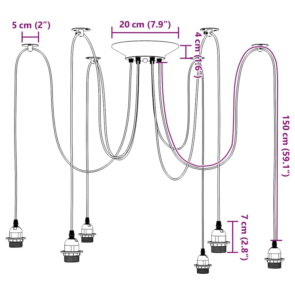 vidaXL Lampa wisząca z 6 uchwytami na żarówki E27 Czarny metal