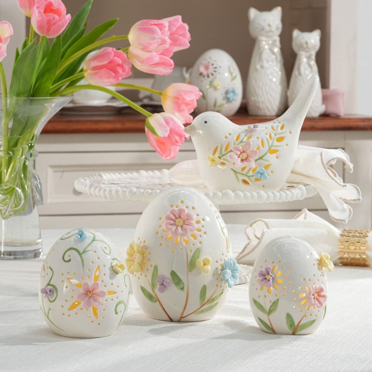 VILLA ITALIA Ptaszek porcelanowy ażurowy 12,5 cm Lampion LED LAURA