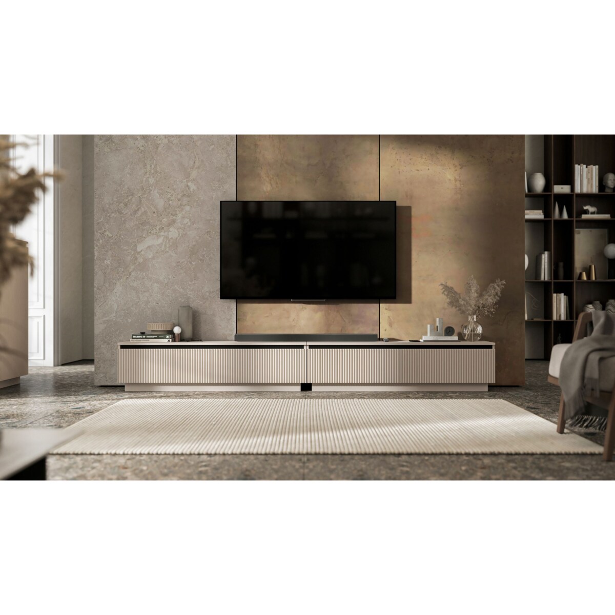 Nowoczesna Szafka RTV Glamour Komoda RTV Kaszmir Mat 280 cm ryflowane fronty