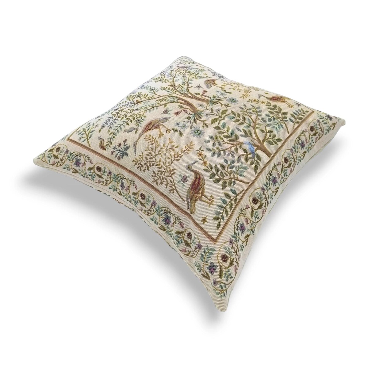 Dwustronna poduszka gobelinowa w czaple i folkowe motywy roślinne 45x45