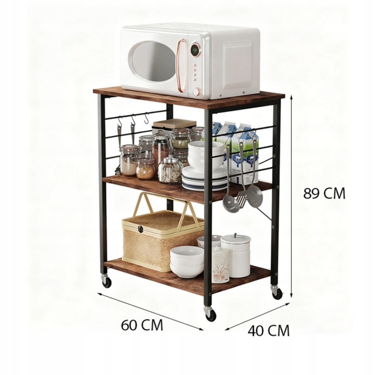 SZAFKA MOBILNA NA KÓŁKACH BRĄZOWA STOLIK ŚNIADANIOWY WÓZEK KUCHENNY 60 CM