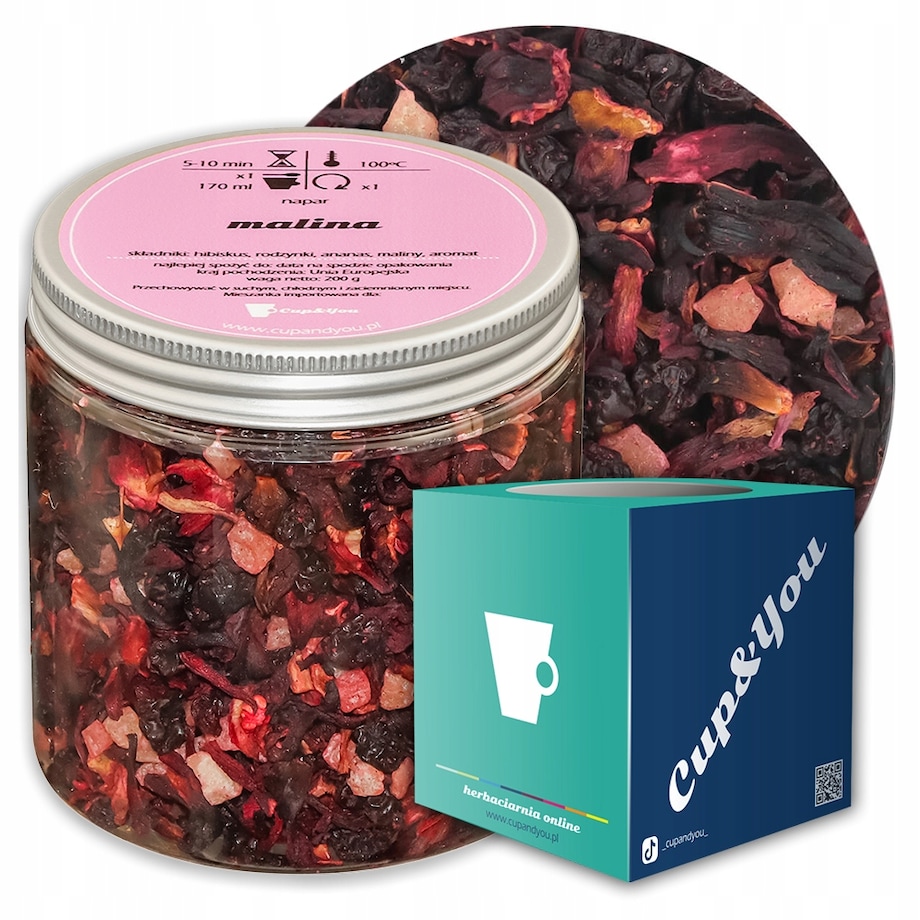 Herbata owocowa sypana MALINA o mocno malinowym smaku PREMIUM Cup&You - herbata liściasta sypana mieszanka napar susz - gotowa na prezent upominek