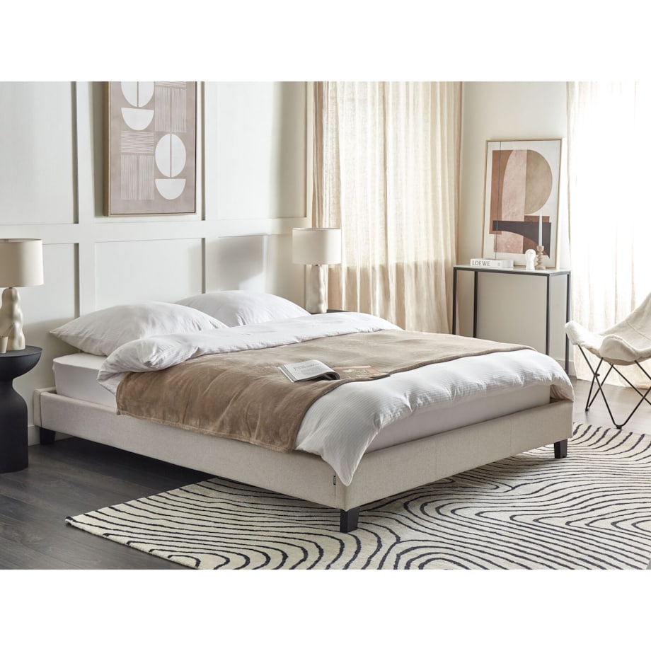 Łóżko tapicerowane ze stelażem jasnobeżowe 160 x 200 cm ROANNE