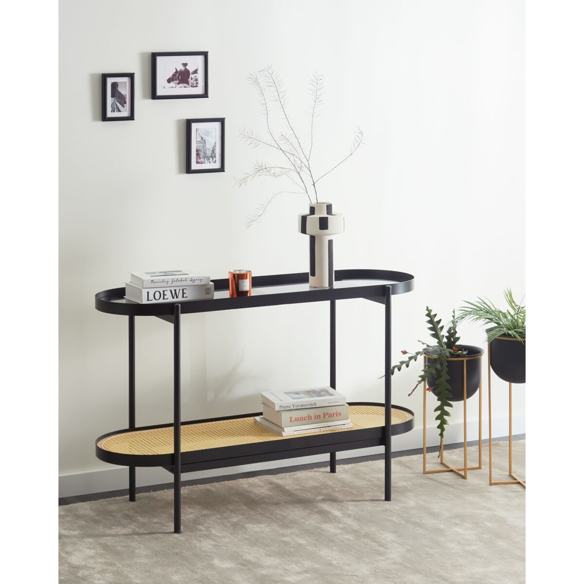 Konsola szklana jasne drewno z czarnym RENO