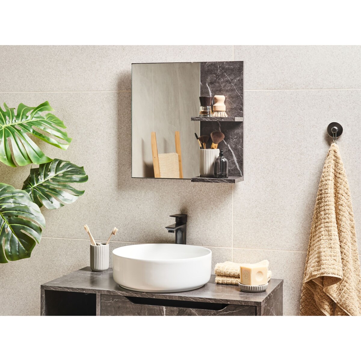 Półka łazienkowa wisząca z lustrem efekt marmuru czarna PELOTAS