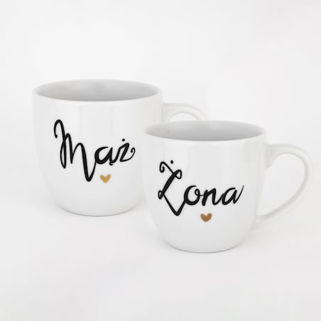 Zestaw 2 Białych Kubków Porcelanowych 300 ml - Napisy Mąż i Żona z Motywem Złotego Serca na Walentynki dla Pary