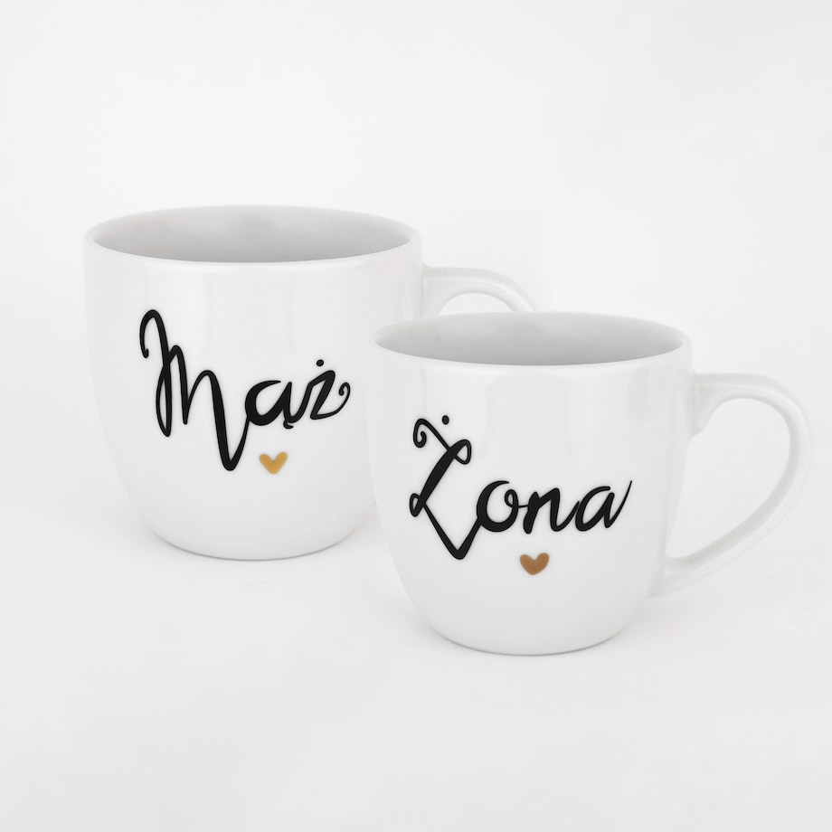 Zestaw 2 Białych Kubków Porcelanowych 300 ml - Napisy Mąż i Żona z Motywem Złotego Serca na Walentynki dla Pary