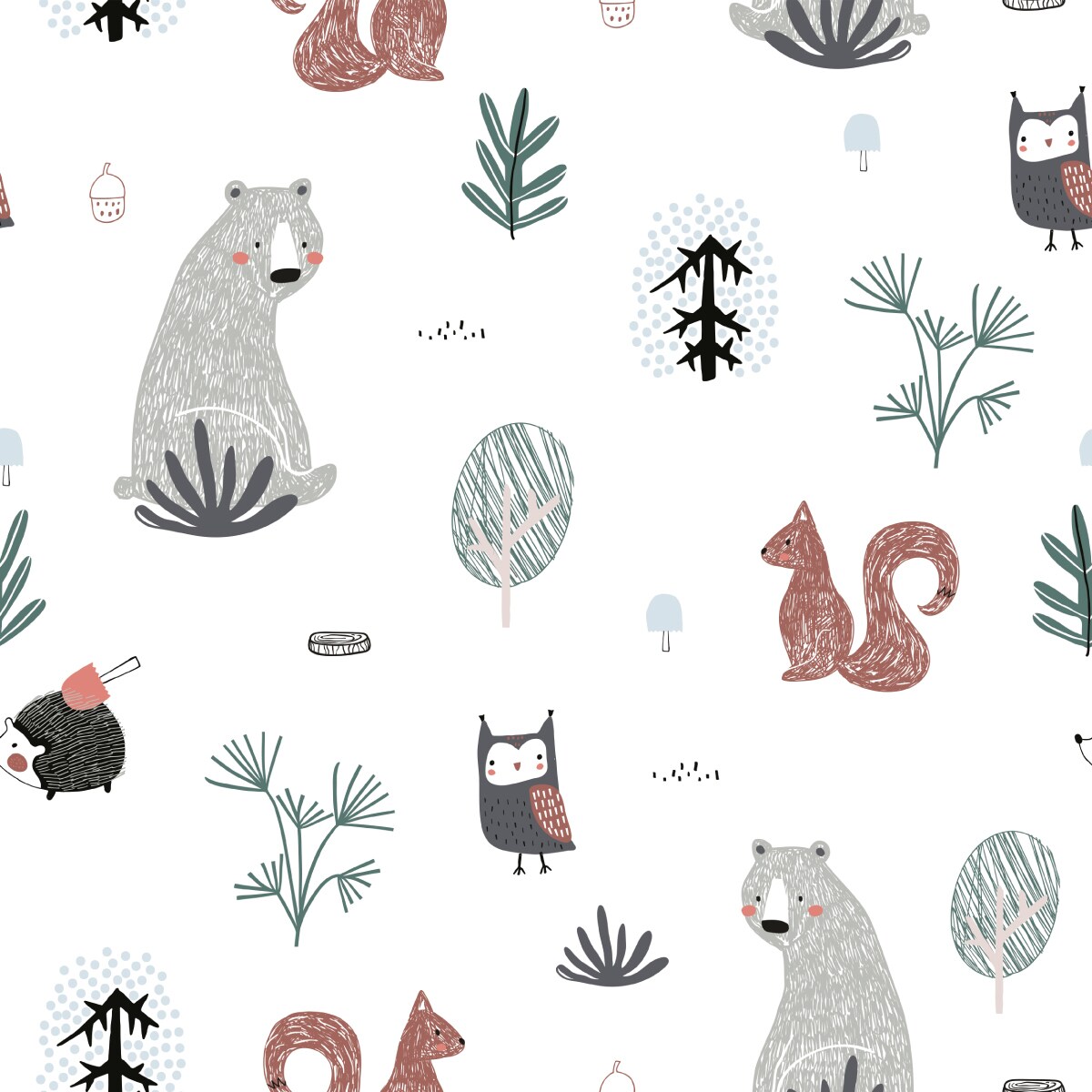 Tapeta Dziecięca MISIE Sowy Wiewiórki Jeże Drzewa