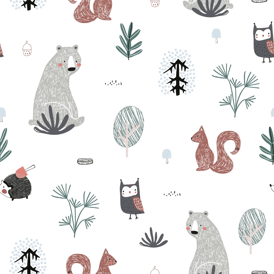 Tapeta Dziecięca MISIE Sowy Wiewiórki Jeże Drzewa