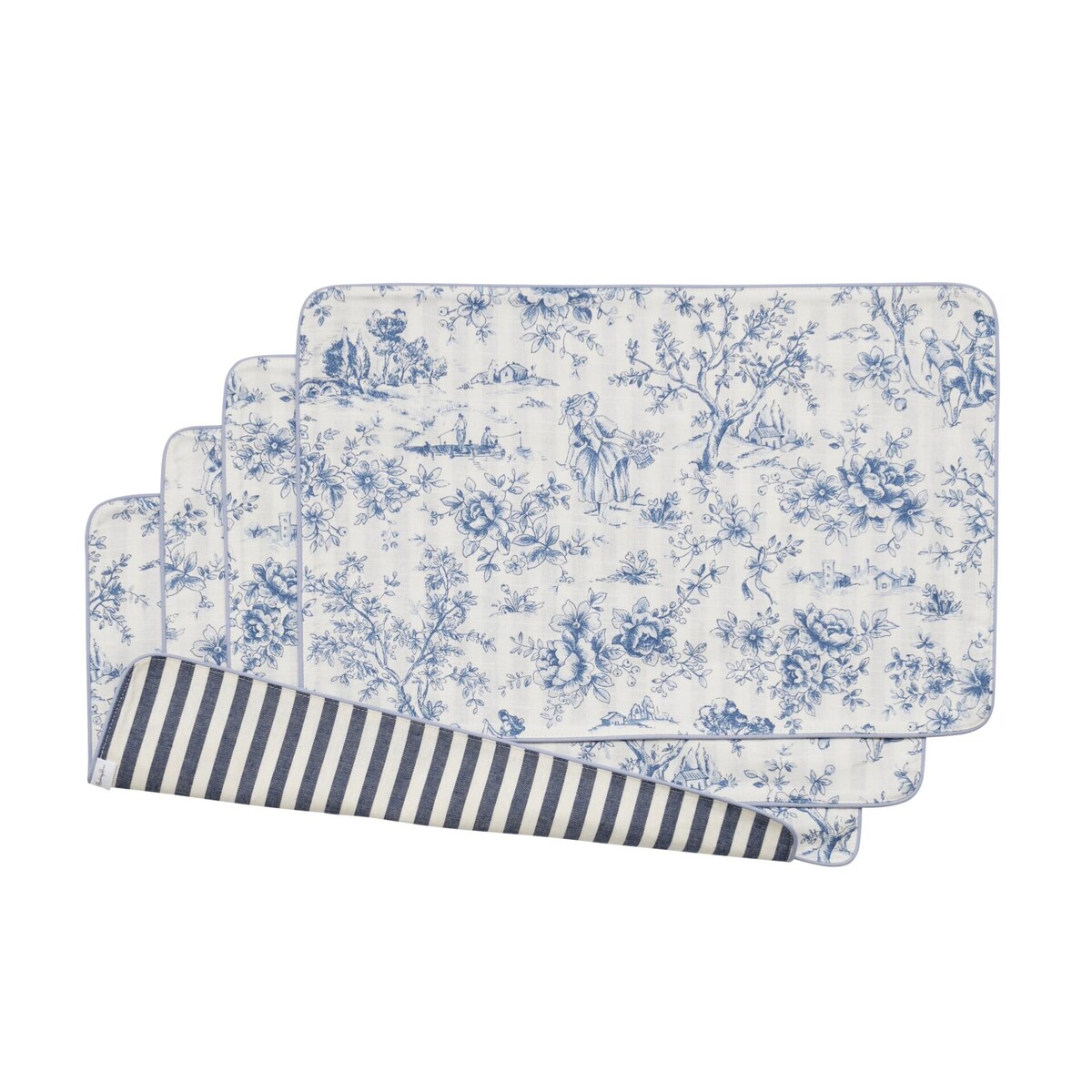 Dwustronne podkładki w stylu francuskim Toile de Jouy Blue & Stripes – komplet 4 szt.