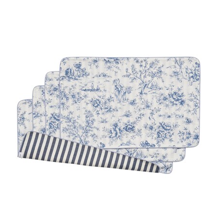 Dwustronne podkładki w stylu francuskim Toile de Jouy Blue & Stripes – komplet 4 szt.