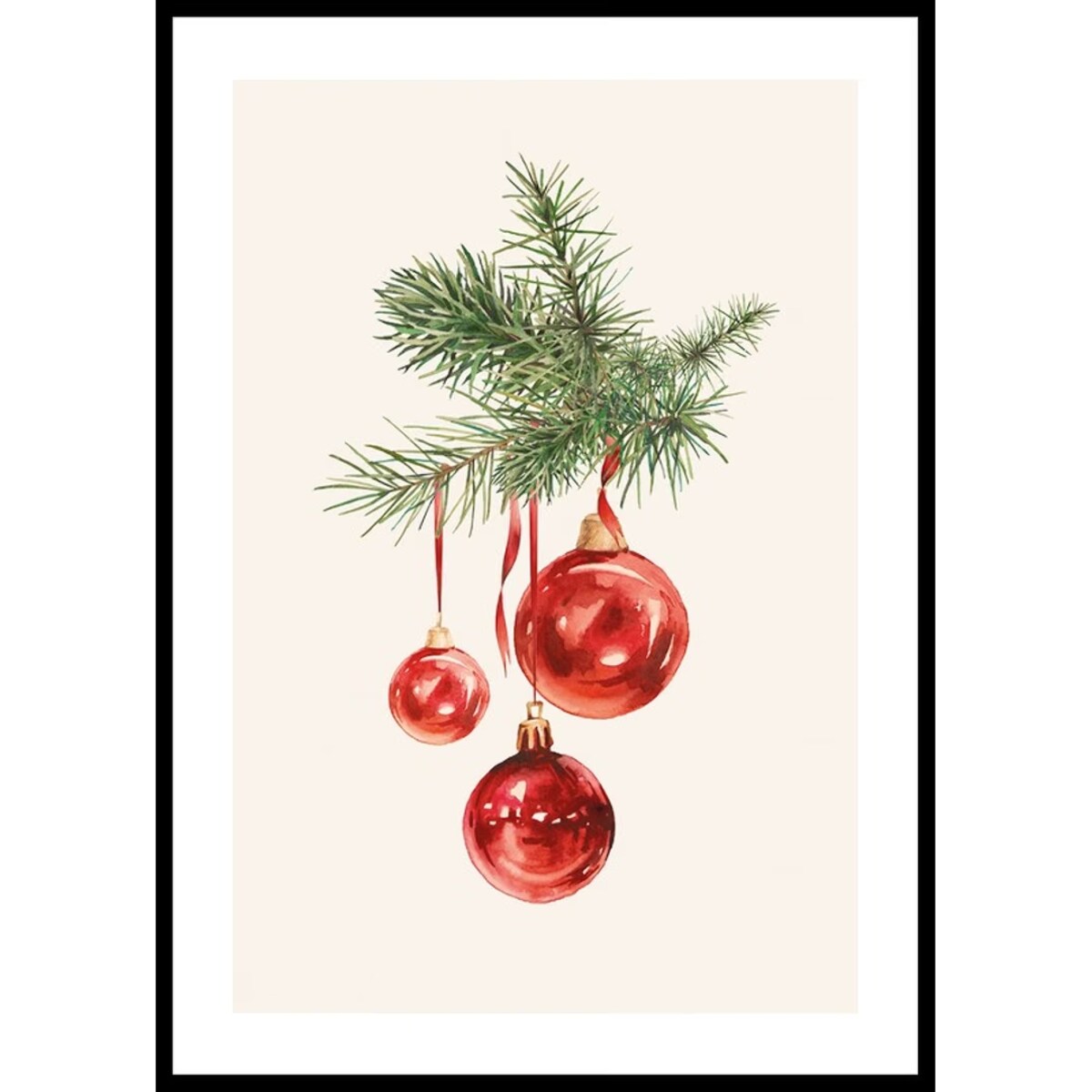 Poster Story, Plakat, Obraz - Czerwone Bombki na Gałązce, wymiary 21 x 30 cm