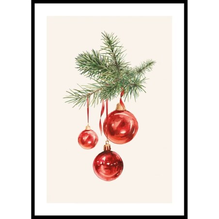 Poster Story, Plakat, Obraz - Czerwone Bombki na Gałązce, wymiary 21 x 30 cm