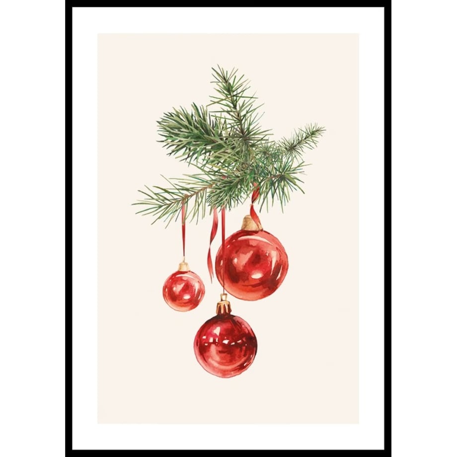 Poster Story, Plakat, Obraz - Czerwone Bombki na Gałązce, wymiary 21 x 30 cm