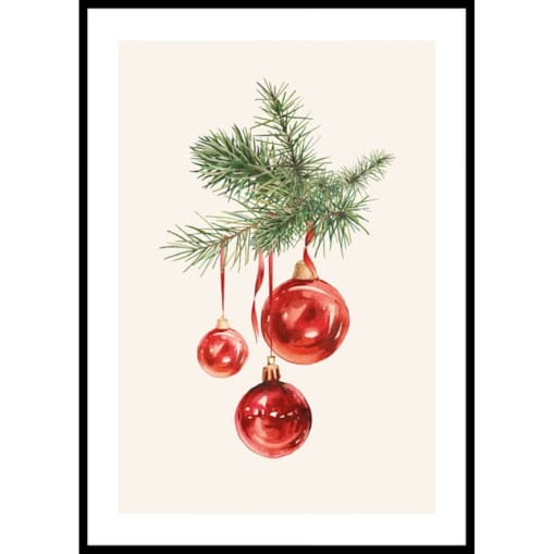 Poster Story, Plakat, Obraz - Czerwone Bombki na Gałązce, wymiary 21 x 30 cm