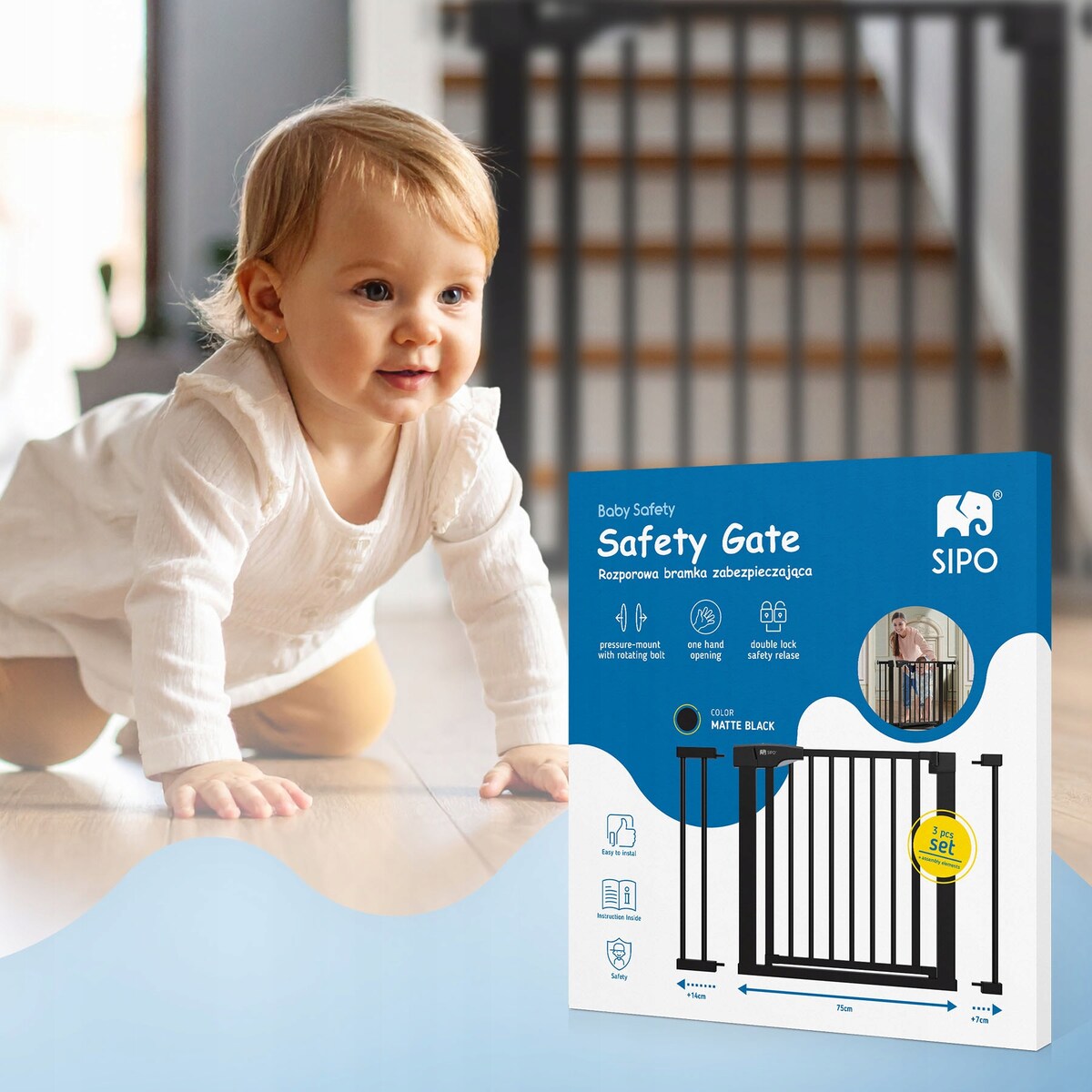 bramka na schody zabezpieczająca, barierka ochronna, sipo, 75-103 cm, czarna