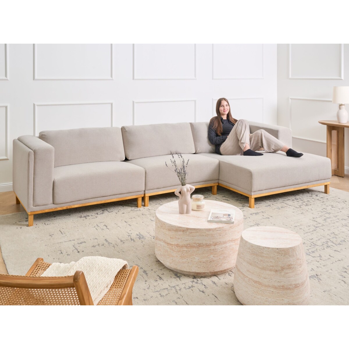 Narożnik dla 5 osób VENG Jasnobeżowy Lewostronny