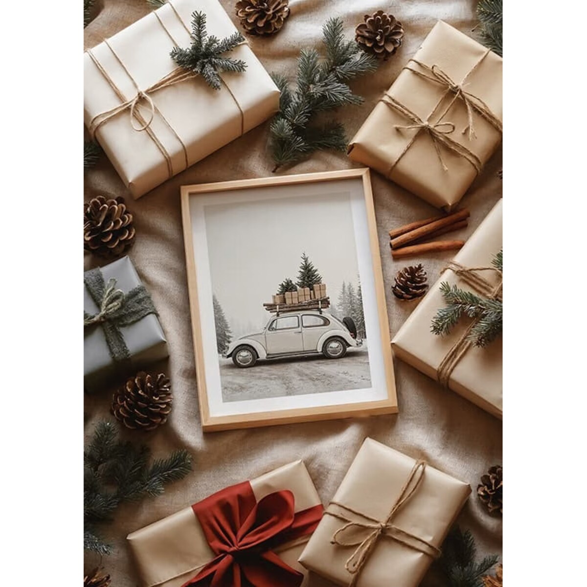 Poster Story, Plakat, Obraz - Zabytkowy Samochód z Prezentami i Choinką, wymiary 50 x 70 cm