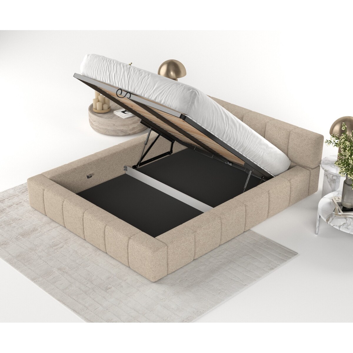 Łóżko tapicerowane MILOS 200x200 z pojemnikiem, Jasny Beż, tkanina Bubble 03