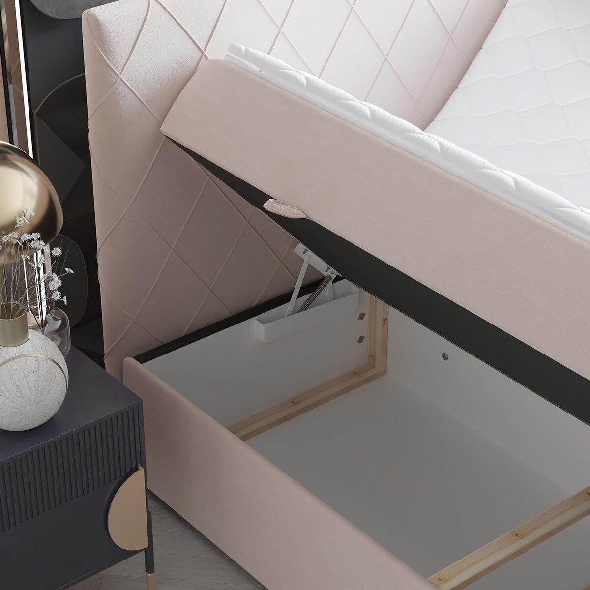 Łóżko kontynentalne PLATINE 160x200 z pojemnikiem, Jasny Beż, tkanina Magic Velvet 2282