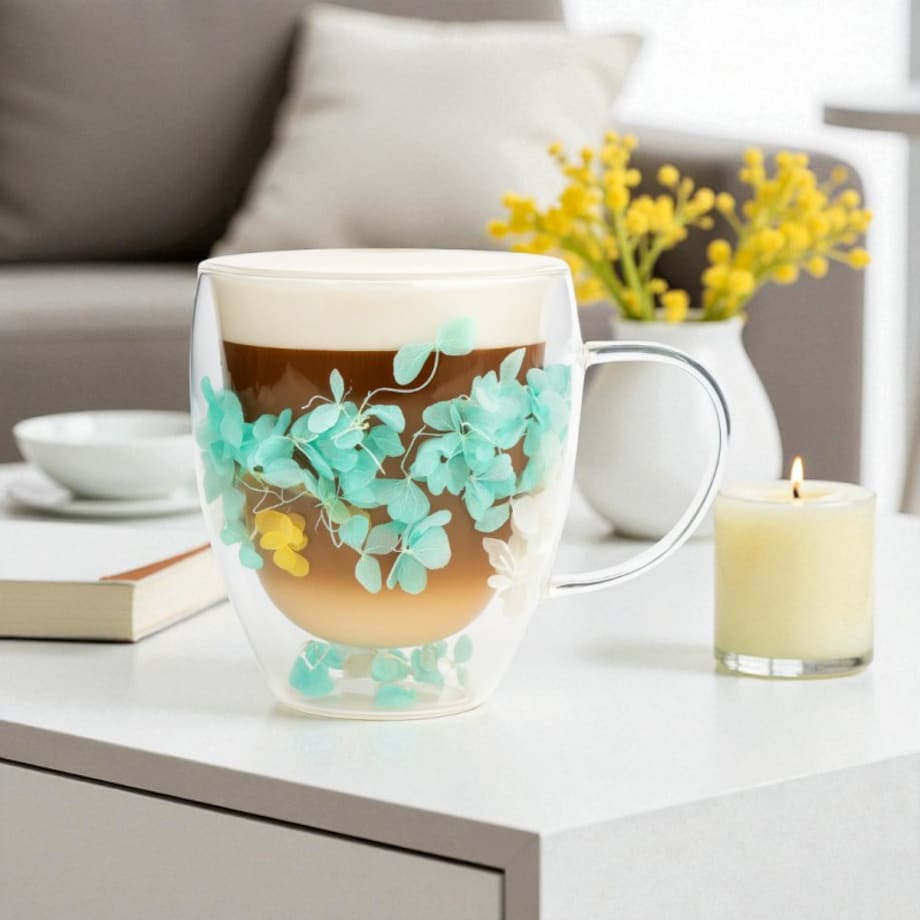 Szklanka termiczna z kwiatami w środku, hortensje zielone 300 ml 1szt SZK179ZIE