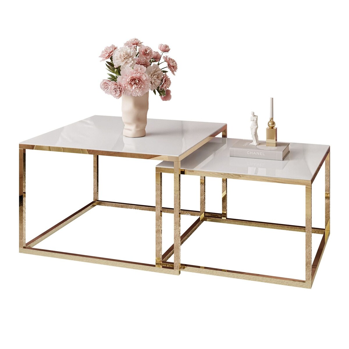 Stolik kawowy YOSHI 2w1 złoty chrom białe szkło