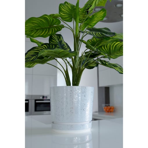 16 cm wzór BIAŁY MARMUR Doniczka z podstawką piękne lustrzane drobinki srebrne elementy elegancka