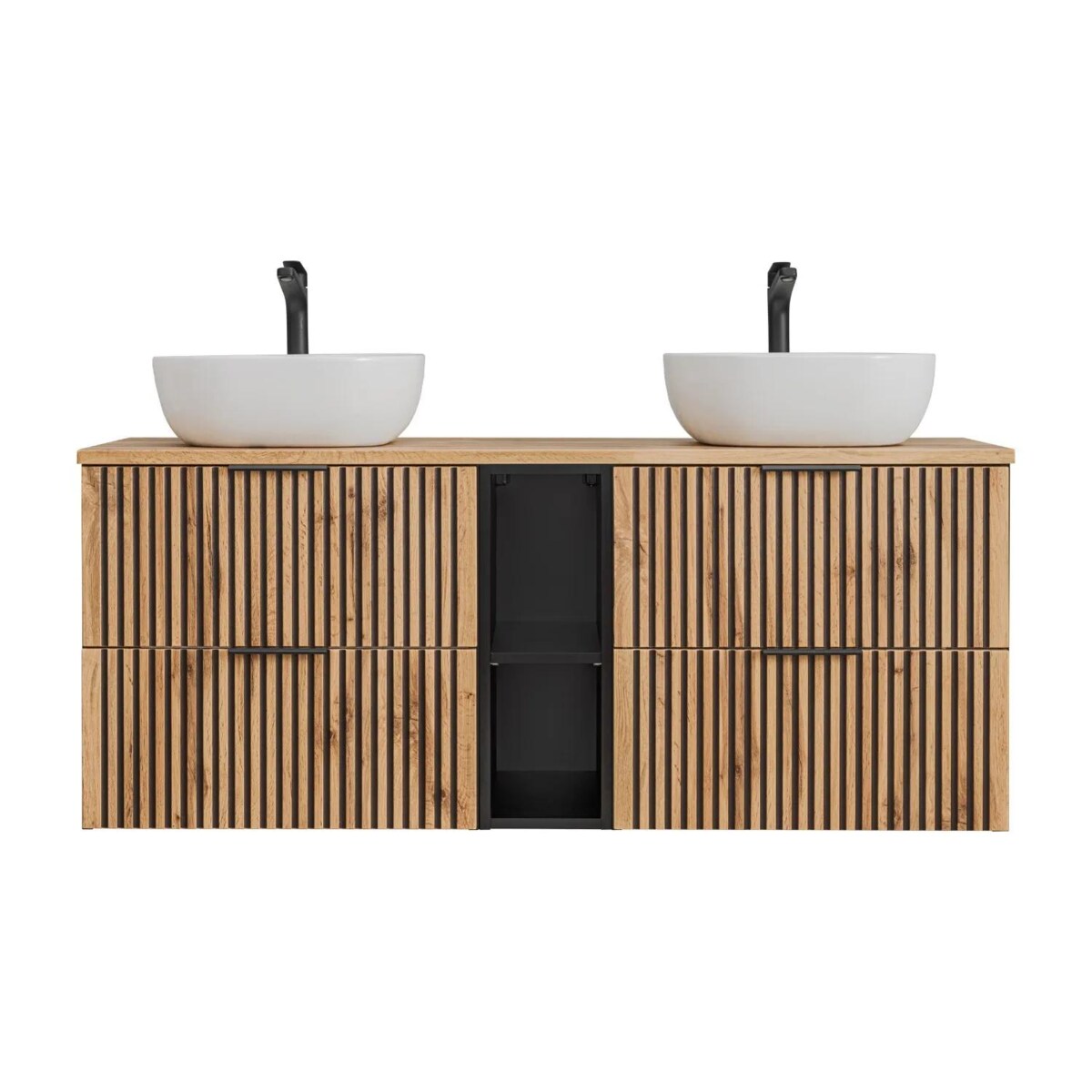 Szafka pod umywalkę nablatową XILO BLACK WOTAN 82 czarna/dąb x2 + regał - zestaw 140 cm z blatem