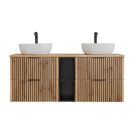 Szafka pod umywalkę nablatową XILO BLACK WOTAN 82 czarna/dąb x2 + regał - zestaw 140 cm z blatem