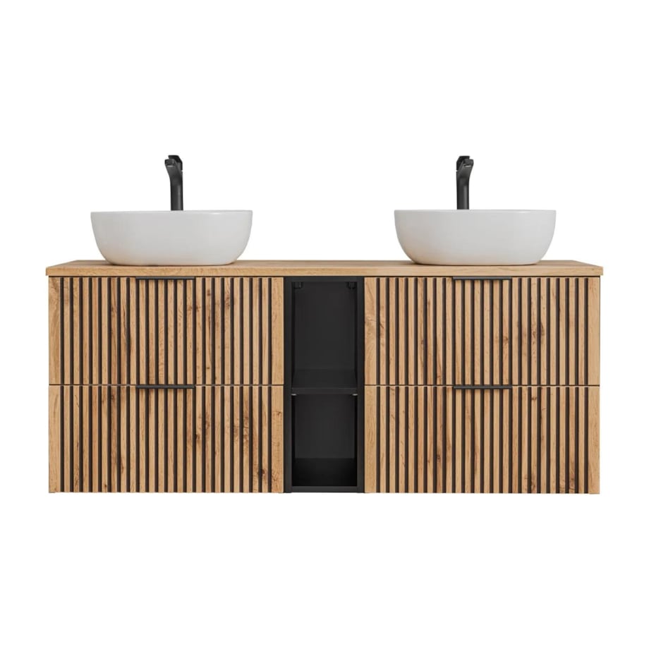 Szafka pod umywalkę nablatową XILO BLACK WOTAN 82 czarna/dąb x2 + regał - zestaw 140 cm z blatem