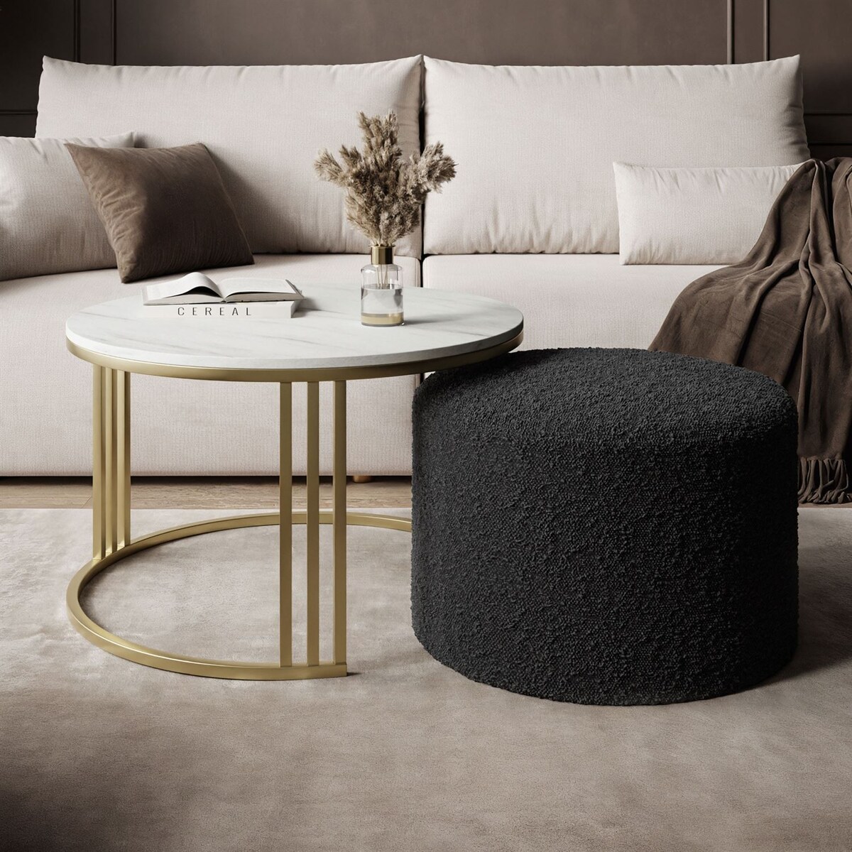 Stolik kawowy z pufą LORI MAT złoto szczotkowane, Marmur Levanto / Coral 60