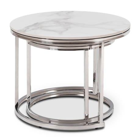 Stolik Kawowy Okrągły Zestaw 2w1 Ława Glamour Marmur Biały Srebrny AMARA