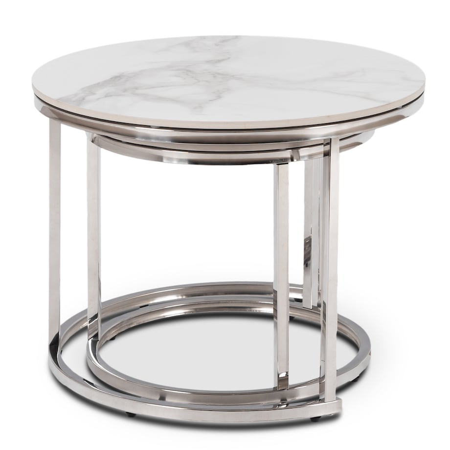 Stolik Kawowy Okrągły Zestaw 2w1 Ława Glamour Marmur Biały Srebrny AMARA