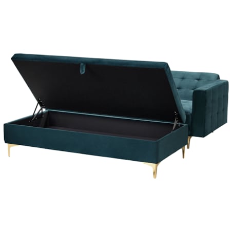 Sofa rozkładana welurowa z otomaną ze schowkiem zielona ABERDEEN