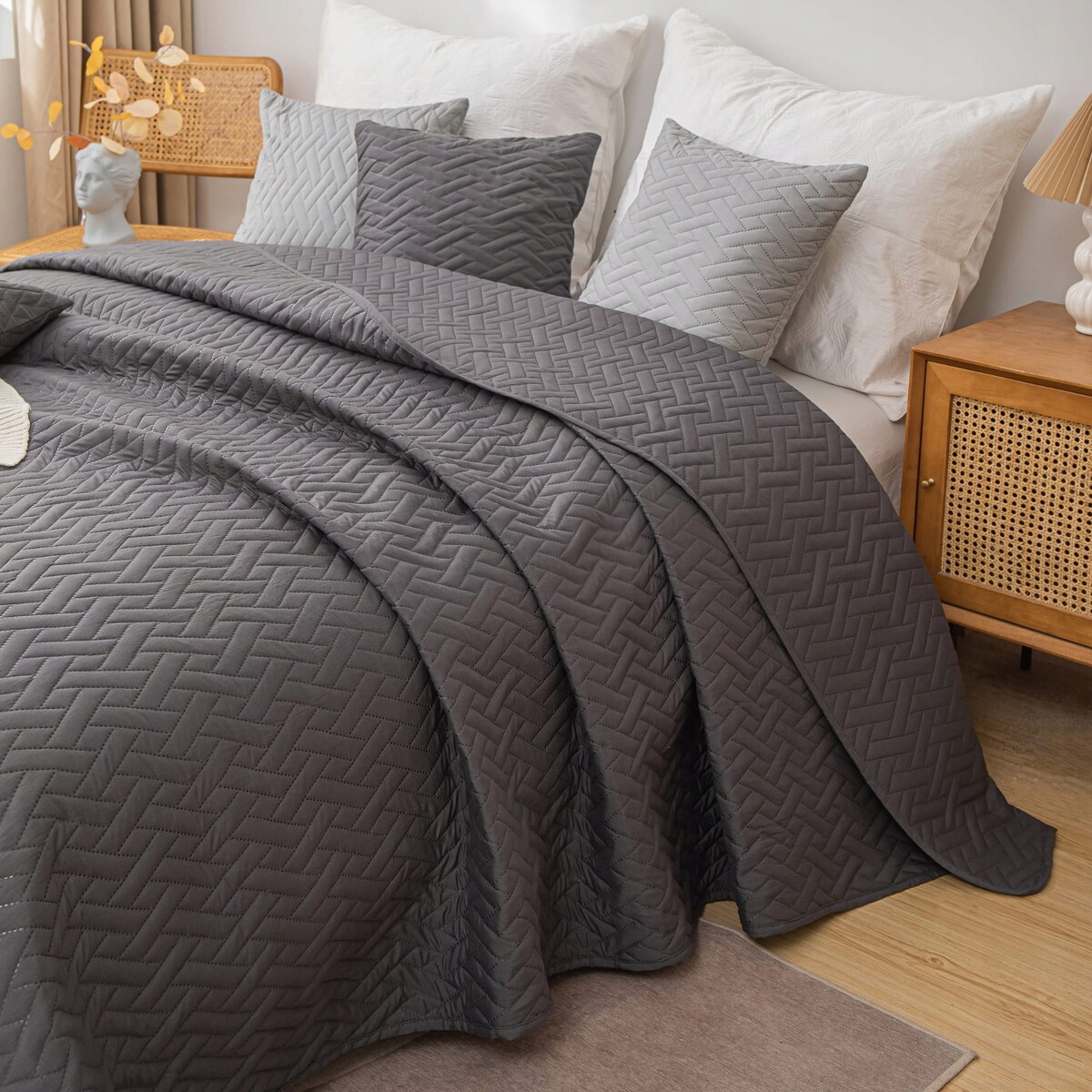 Narzuta na Łóżko 200 x 220 Pikowana Dash Grafit Dwustronna Jednokolorowa