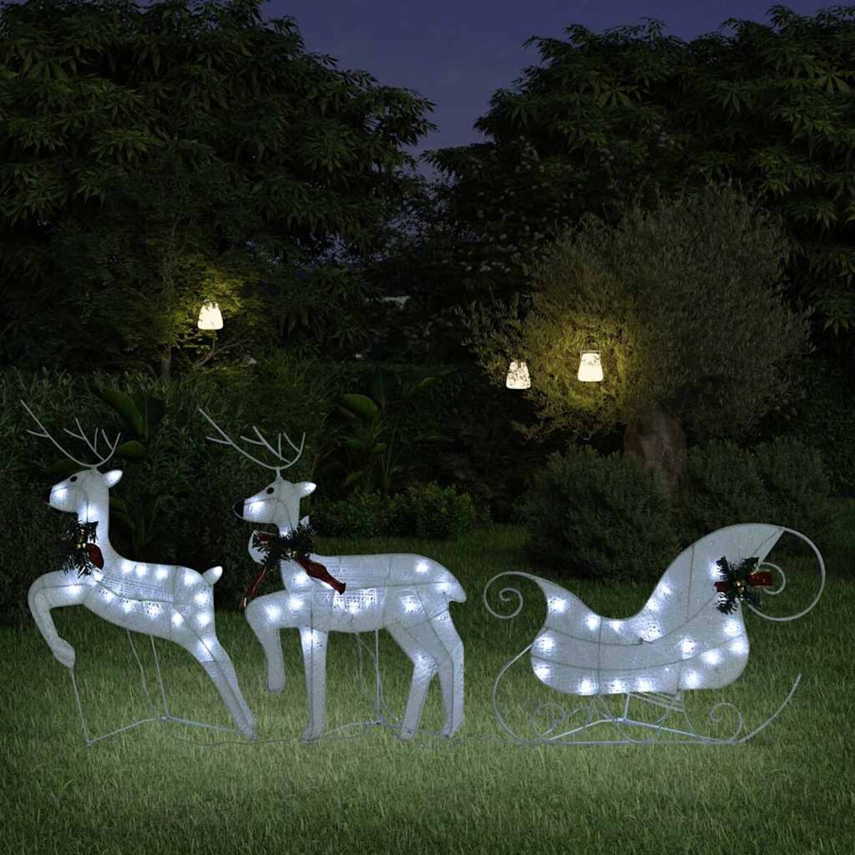vidaXL Renifery z saniami, dekoracja do ogrodu, 60 diod LED, białe
