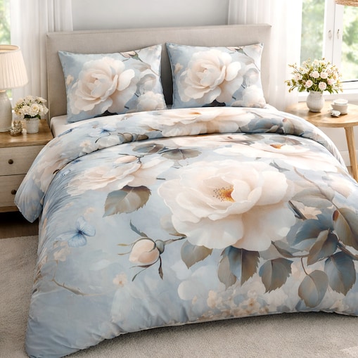 Pościel satyna bawełniana 220x200 Riviera szara w kremowe róże, Satynlove Premium